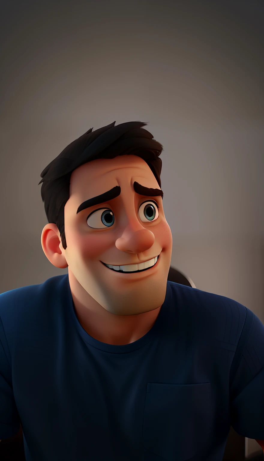 A imagem mostra um homem com cabelo preto curto, Wearing a blue shirt and looking at the camera. He seems to be in a relaxed and comfortable position, possivelmente sentado. The man's facial expression suggests that he is engaged in a conversation or observing something. A cena parece ser um momento casual e sincero capturado na foto. In the style of Disney Pixar's 3d animations