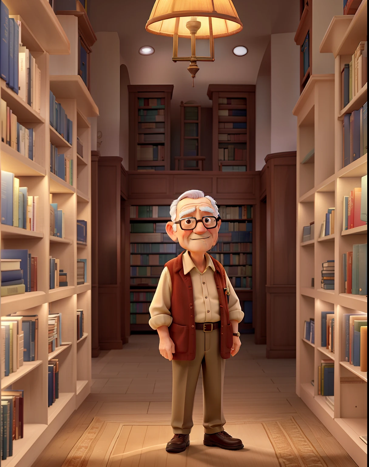 A wise old man standing in front, illuminated by the light of a lamp, against the backdrop of a library