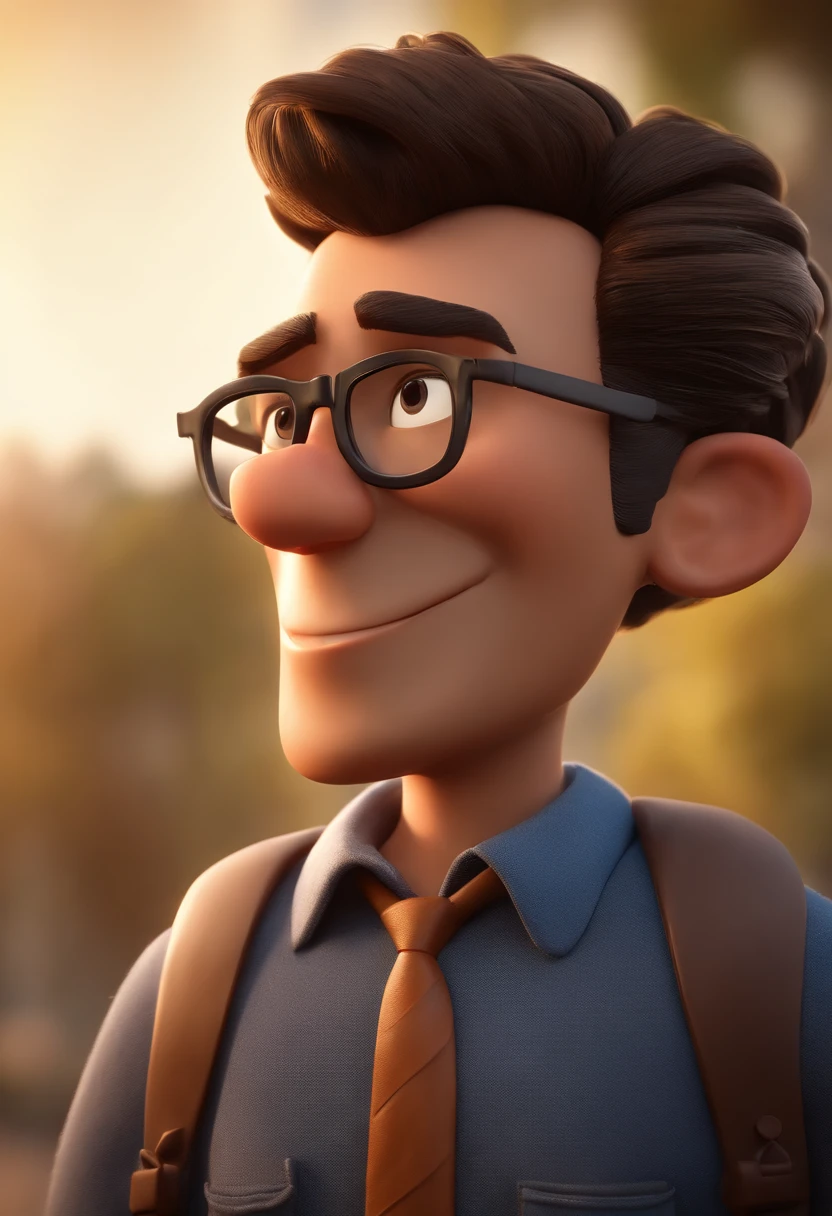 Cartoon character of a man with black glasses, cabelo cacheado marrom escuro e uma camisa azul, animation character, Caractere estilizado, animation style rendering, 3D estilizado, Arnold Maya render, 3 d render stylized, toon render keyshot, Personagem 3D, Personagem 3D, 3d rendering stylized, 3 d character render, personagem de desenho animado, Personagem de close up, Pose de personagem,  (Estilo Pixar) (master part:1.2) (Bokeh) (best quality) (pele detalhada) (textura detalhada) (8k) (argila) (Cinematic lighting) (foco nítido