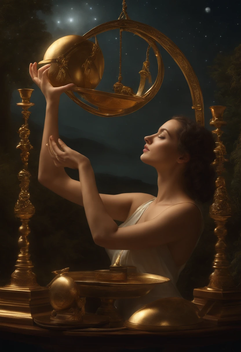 Artwork, Surrealismo, altamente detalhado, detalhes intrincados, oil painting, best quality, cosmico, estrelado, a woman holding a two-plate scale, conceito de sinal de libra, proportion Aurea, Beautiful, cosmic concept, 8k, Cinematic light, fundo estrelado, cores vibrantes, UHD, Directed by: Greg Rutkowski