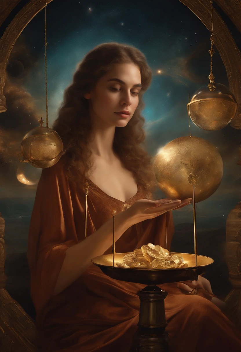 Artwork, Surrealismo, altamente detalhado, detalhes intrincados, oil painting, best quality, cosmico, estrelado, a woman holding a two-plate scale, conceito de sinal de libra, proportion Aurea, Beautiful, cosmic concept, 8k, Cinematic light, fundo estrelado, cores vibrantes, UHD, Directed by: Greg Rutkowski