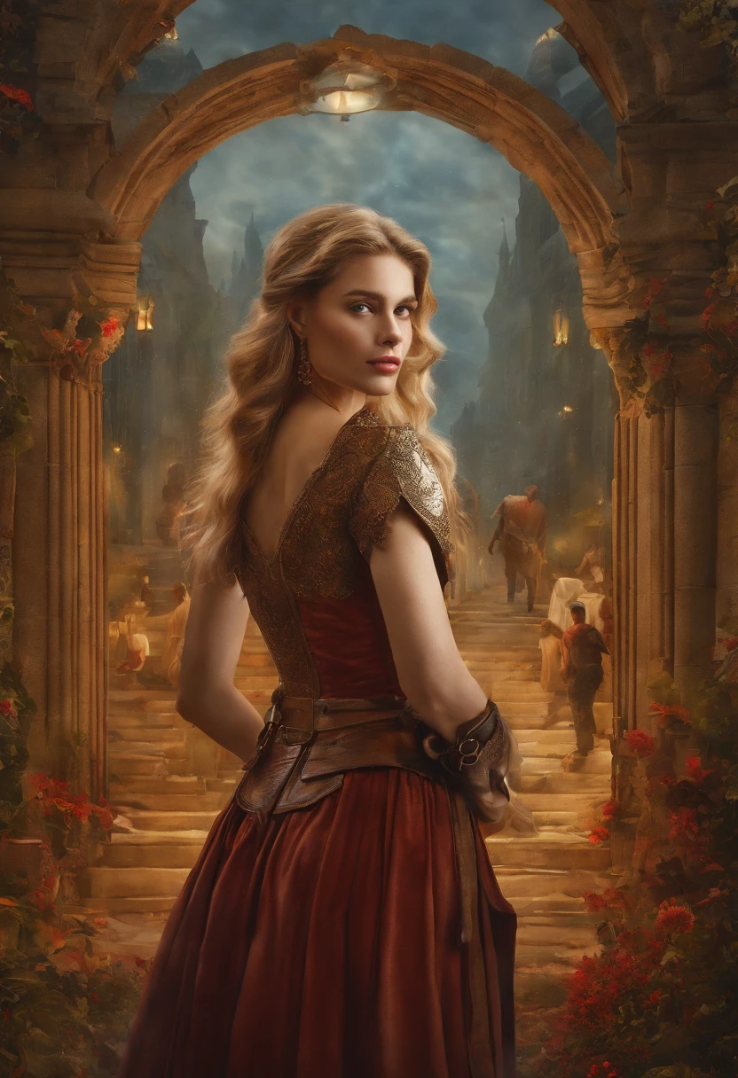 Two people 1 Nils Visser is a prince with blonde hair, Dressed in medieval military uniform,Fell in love with Civilian 2 Lily Collins, Who has curly black hair,in a red dress, the two kiss very affectionately, Illustration of romance book cover,A detailed, smooth, Bright background full of flowers, art by Greg Hildebrandt, Citemer Liu, Stjepan Sejic, Samyang, aykut aydogdu, Justin Gerard, Alphonse Mucha, Art germ, Phlegm sputum, phlegm, and greg rutkowski