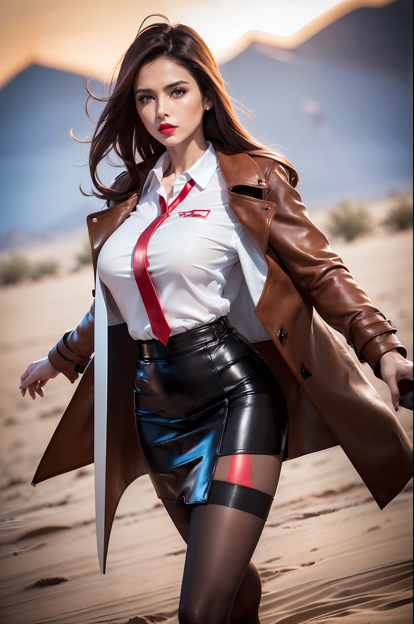 ((masterpiece)), ((8k resolution)), ((a female )), (((4k))), ((((highly detailed)))), strong neon, (((super sharp))) , (pantyhose) , (long heels) , (black leather skirt) ,((( long brown coat))), brunette hair, (red lipstick), beautiful,(( white shirt)), posing, in desert, american