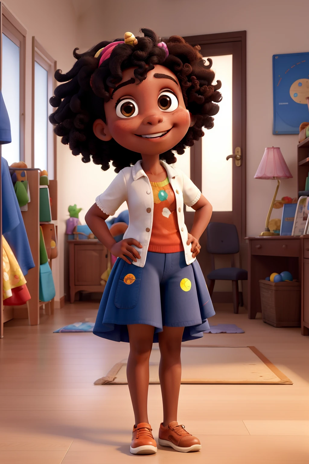 Por favor, create an image that represents a wacky child psychologist in the style of Disney Pixar. Ela deve ser uma mulher negra de pele clara, gordinha, with medium-length brown curly hair. Be sure to include elements that hark back to childhood, como brinquedos coloridos, storybooks and maybe even a stuffed unicorn. Quero que a imagem transmita alegria e criatividade, As if this psychologist is helping children explore their inner world in a fun and welcoming way.