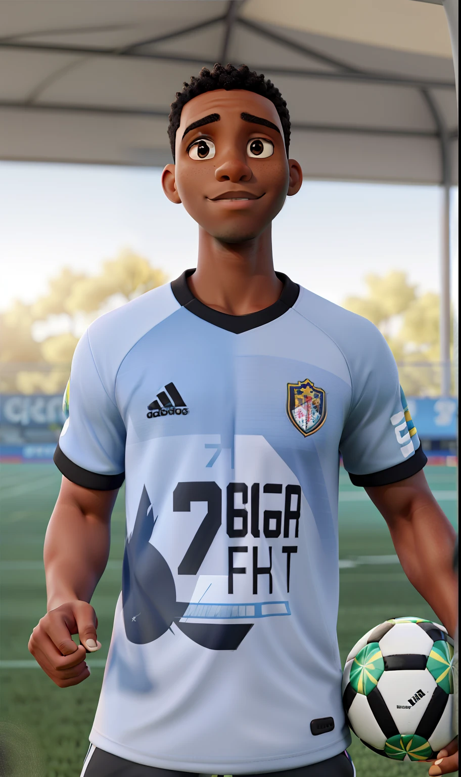 A black man standing in front, holding a soccer ball, with a blurred soccer field as a background