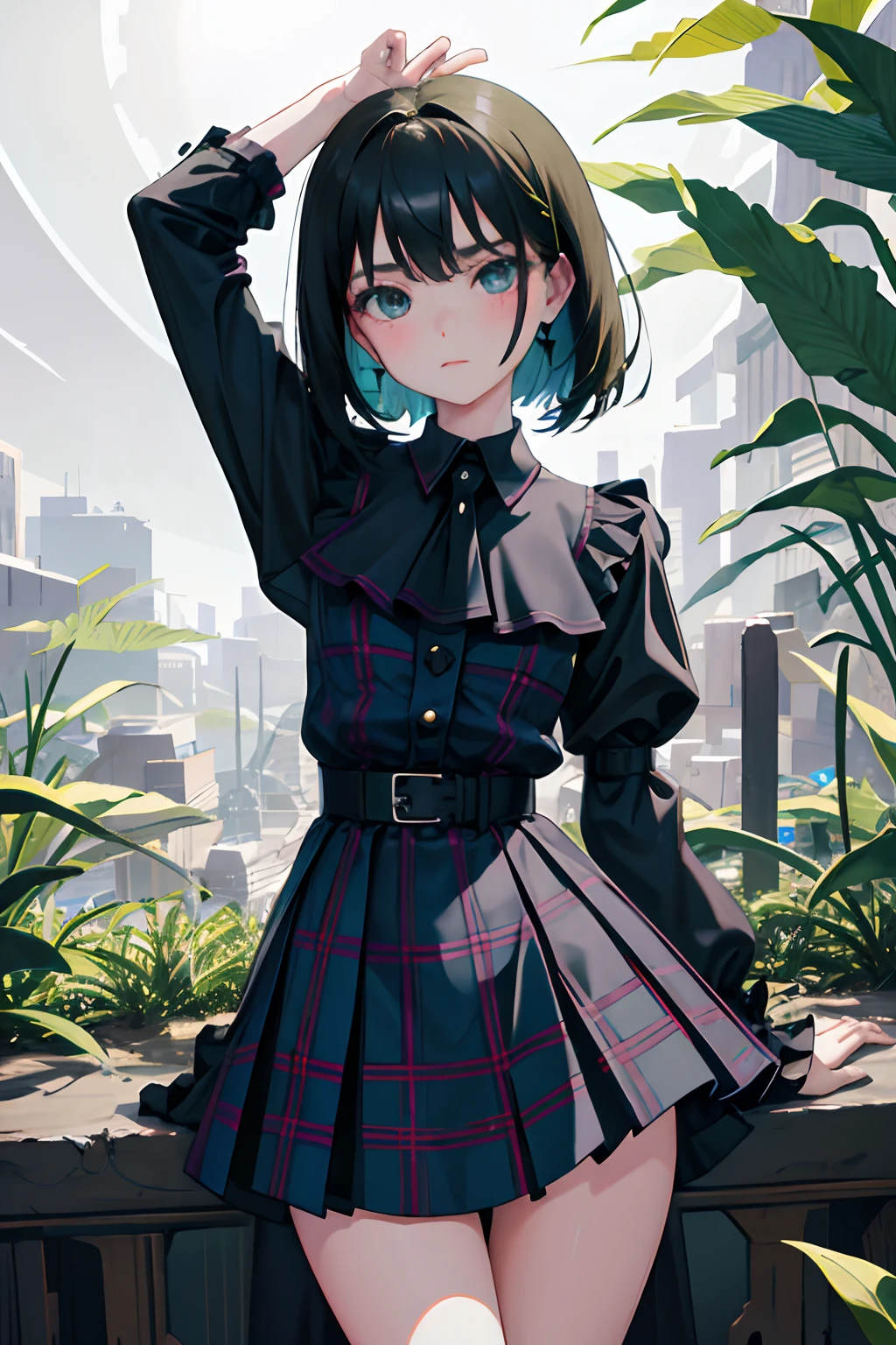 turned around,(masterpiece,Highest Quality),(child:1.3),Blue-green goth spank,long-sleeve,Burberry plaid knee-length skirt,Absolute area,(A dark-haired),embarrassed from,Delicate body,petite body