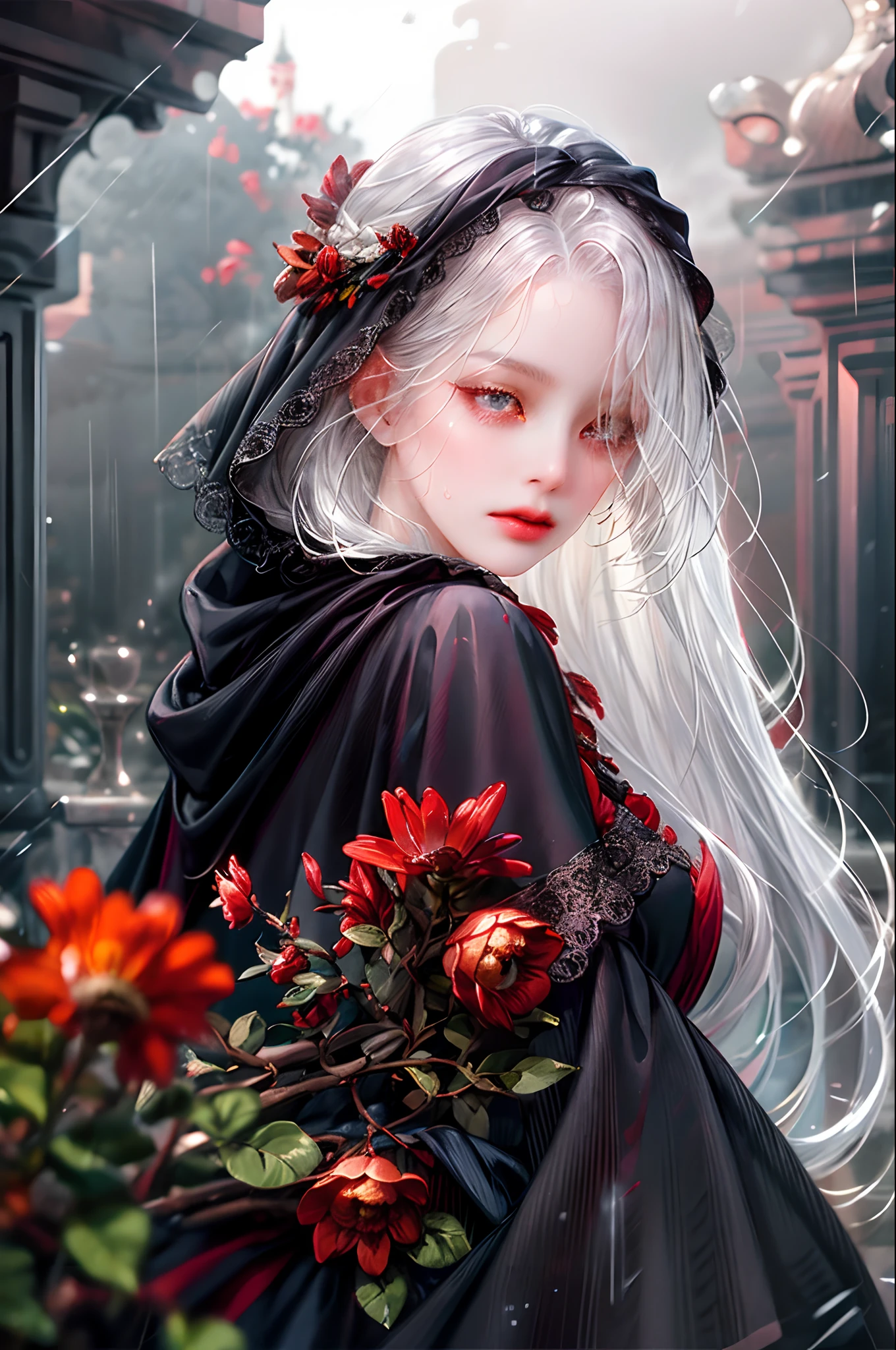 1girl,solo,1girl,solo,((beautiful detailed eyes)), (detailed light),depth of field,(white hair),silver eyes,hair over one eye,(red flower ), hair flower,long hair,black cloak,wet,emotionless,looking back,night,starfall,raining,fog,red flowers falling,sketch,upper body,intense shadows,