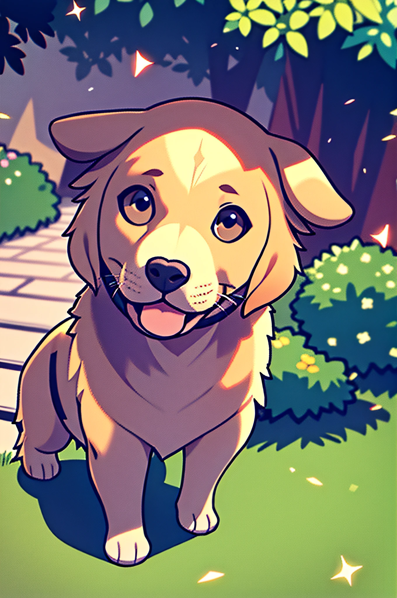 A golden retriever staring at the camera with a look of surprise and bewilderment, Turn your head to the side and look, In the beautiful gardens