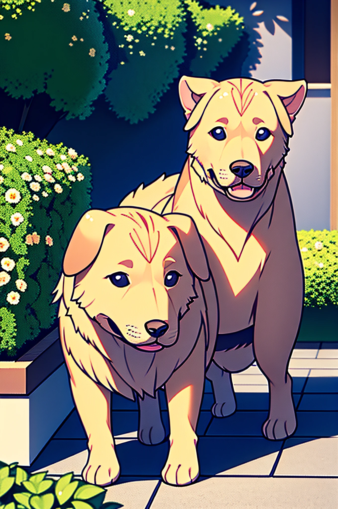 A golden retriever staring at the camera with a look of surprise and bewilderment, Turn your head to the side and look, In the beautiful gardens
