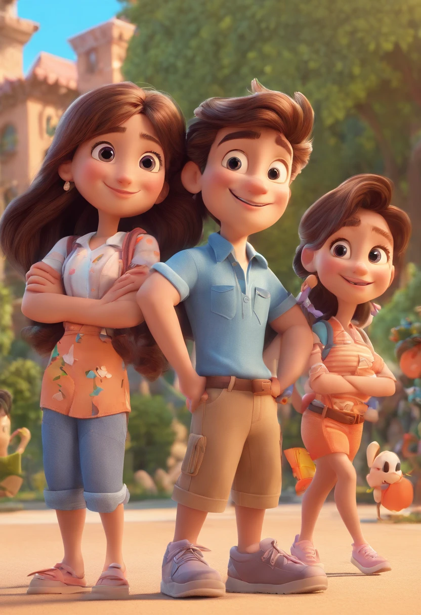 Cartoon of friends having fun on vacation together, 3D Animation Movie Poster, Poster de filme animado, pixar 3 d animation style, pixar renderman rendering, maia 8 mil, animated film, Disney Pixar Estilo 3D, amigos felizes saem juntos, all wearing light blue shirts and cream brown long pants, camisa azul clara, cream brown pants, ao ar livre, vacation, Disney Pixar Animation Poster