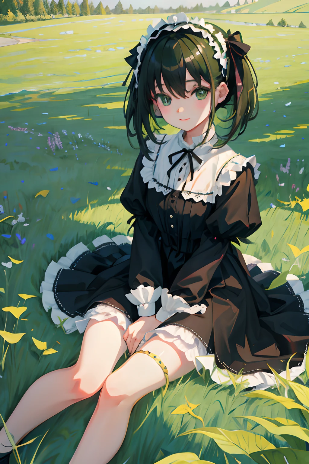 hand between legs,child,(masterpiece,Highest Quality),Green Gothic Lolita,grass field,A dark-haired
