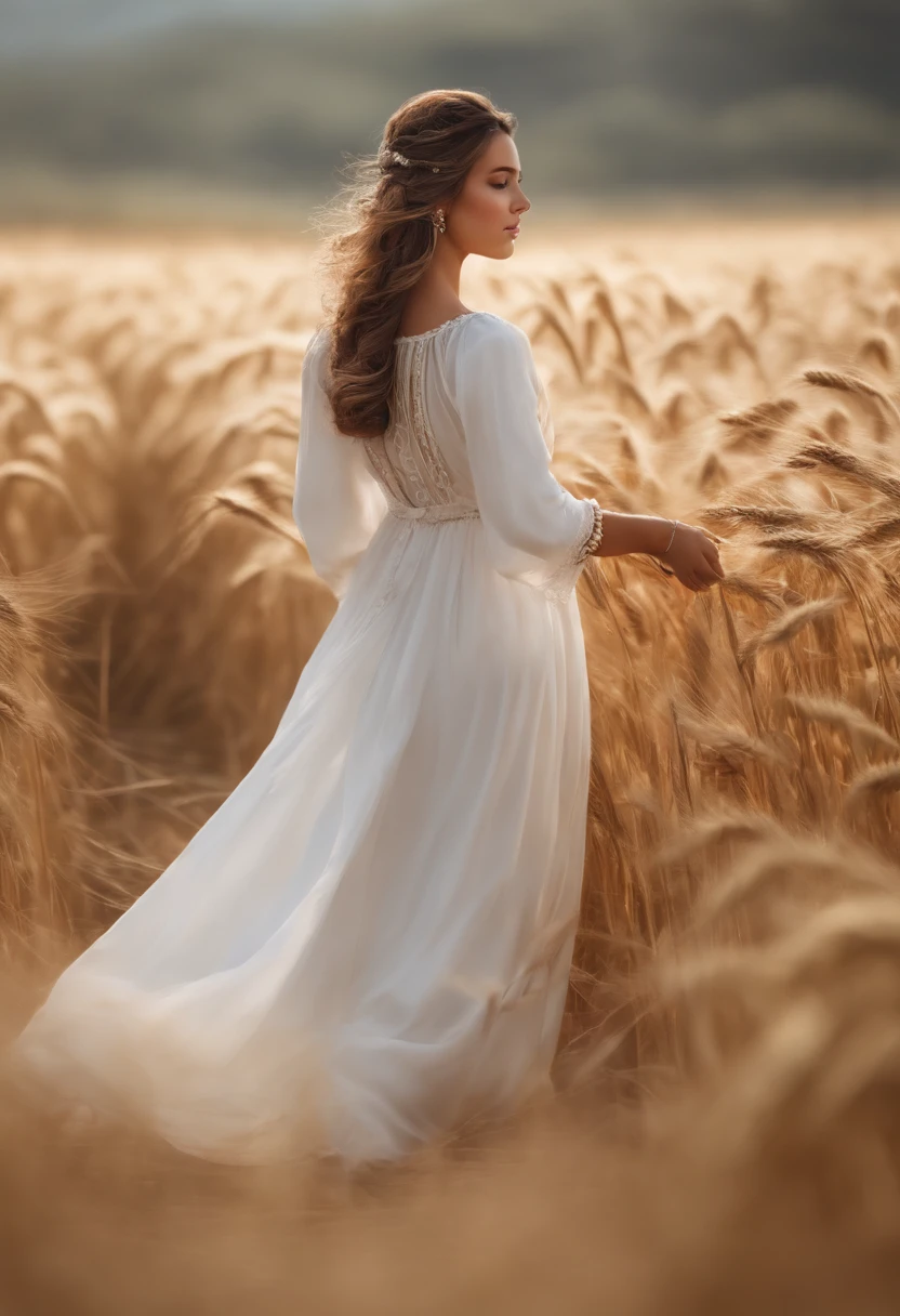 a full body pretty woman standing in a full body of pure water, attractive smile, ilya kuvshinov and artgerm, harsh sun light, detailed facial proportions, pastel artwork, soft bloom lighting, by Vladimír Vašíček, still from anime, padme amidala, in a wheat field, trending on artstaion, ayanamikodon and irakli nadar, masterpiece, vivids, realistic detailed, best quality, UHD, 8K.