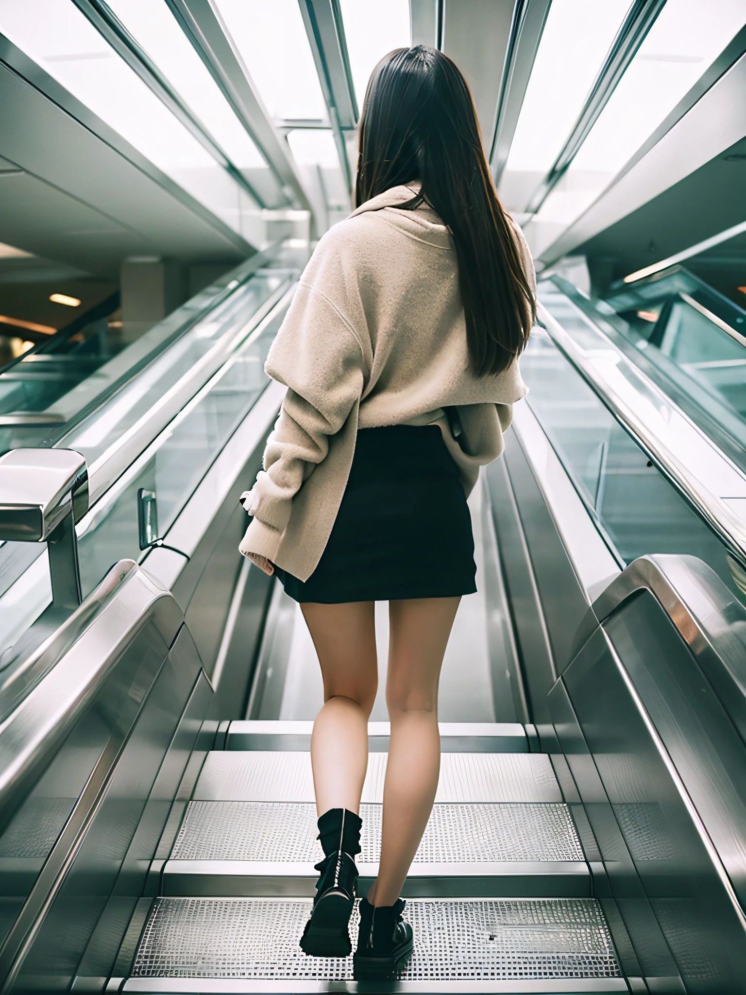 Up Escalator Skirt、short coat、bottom body close up、View from behind、Very low camera angle、Slouched、bent forward