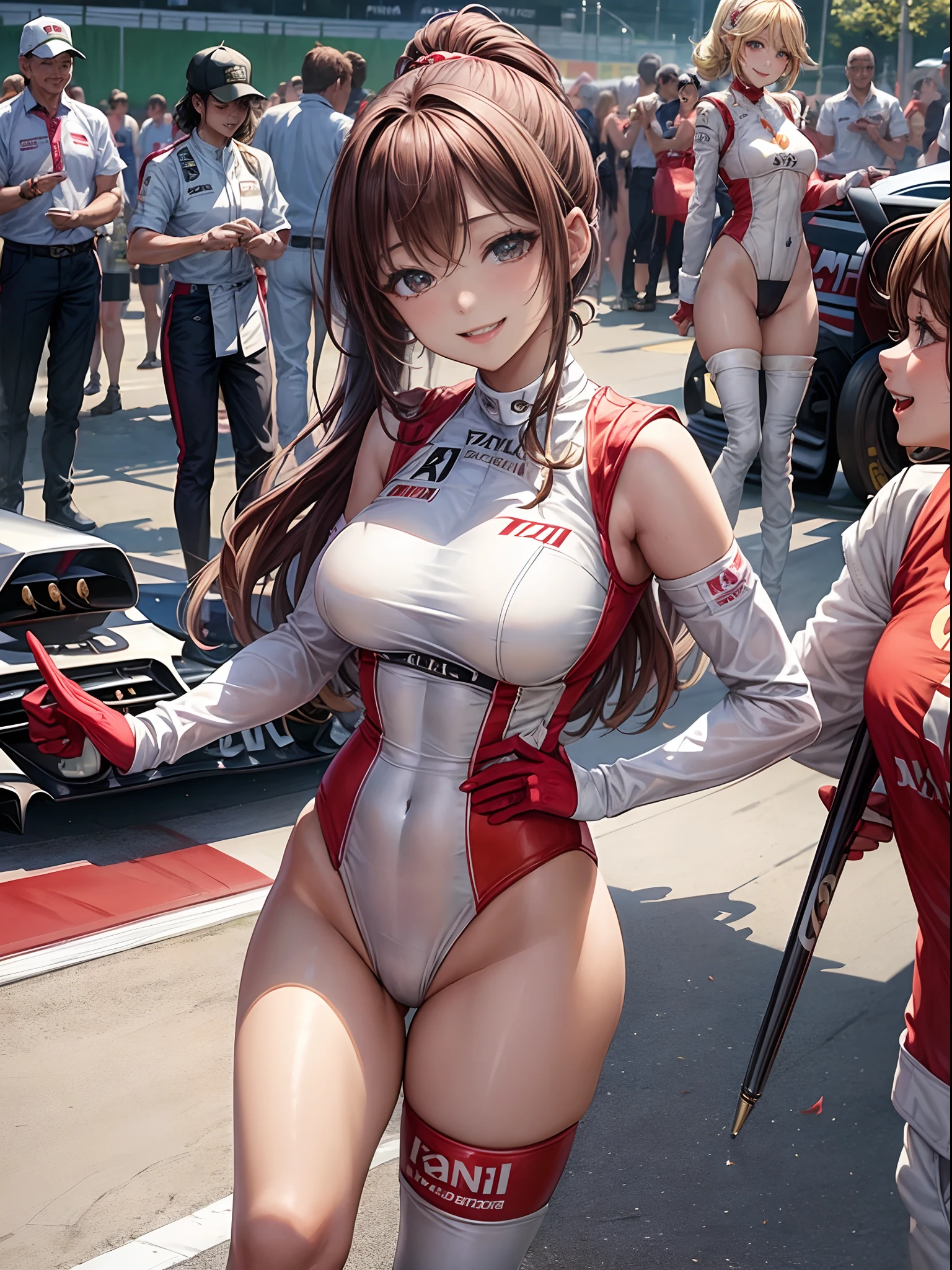 top-quality、Full limbs、complete fingers、1girl、((one beautiful women、独奏))、Beautiful Large Breasts、Medium hair、poneyTail、Race Queen Costume、Woman in red and white leotard with logo、Red arm cover、Tricolor parasol、Woman in long white boots、((F1 Circuit、Formula 1、F1、racing car))、Naughty Poses、A big smile