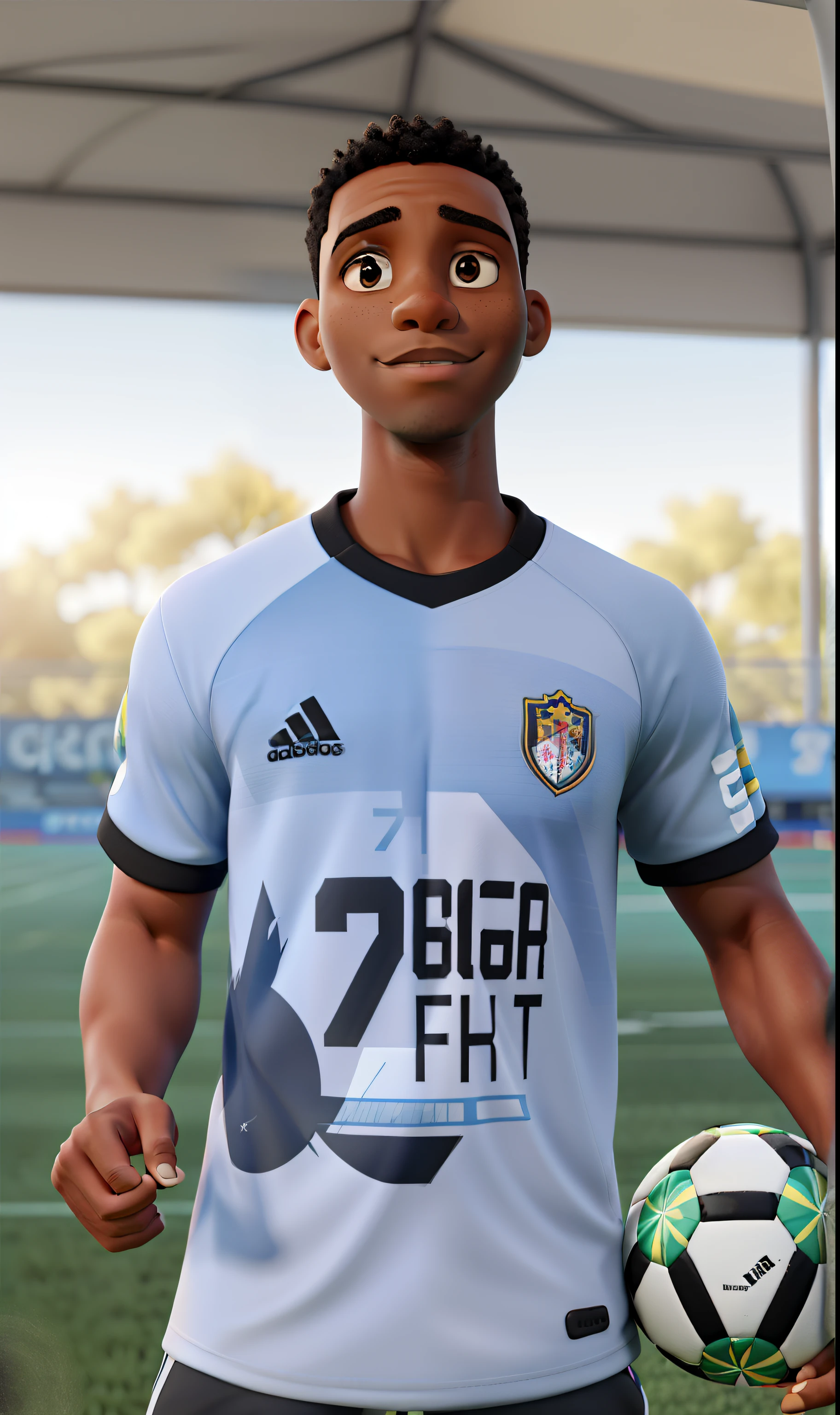 A black man standing in front, holding a soccer ball, with a blurred soccer field as a background