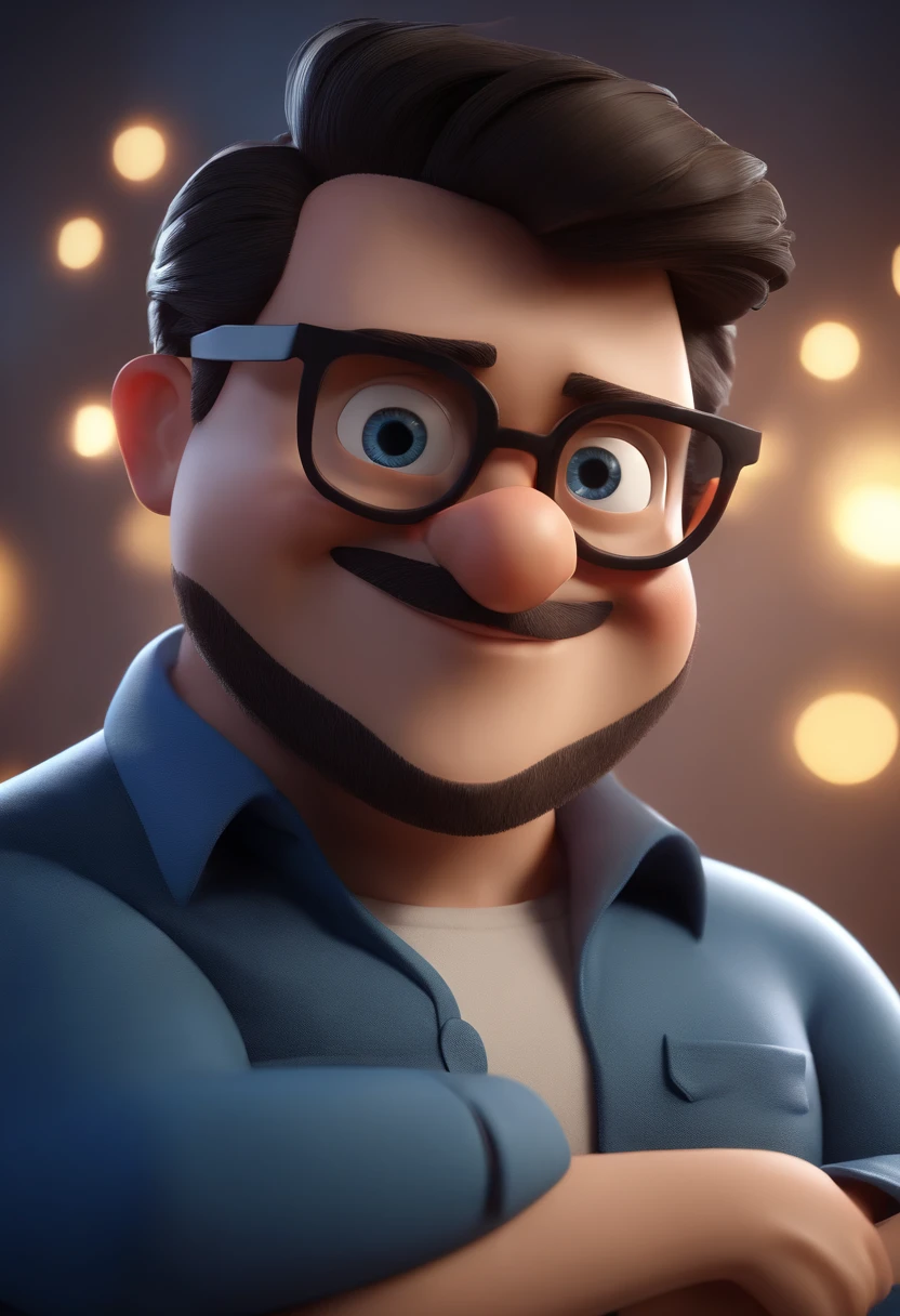 Cartoon character of a man wearing black glasses and a blue shirt, um personagem animado, Caractere estilizado, animation style rendering, 3D estilizado, Arnold Maya render, 3 d render stylized, toon render keyshot, Personagem 3D, Personagem 3D, 3d rendering stylized, 3 d character render, personagem de desenho animado, Personagem de close up, Pose de personagem, (Estilo Pixar) (master part:1.2) (Bokeh) (best quality) (pele detalhada) (textura detalhada) (8k) (argila) (Cinematic lighting) (foco nítido，Senta e vaza a parte superior do corpo