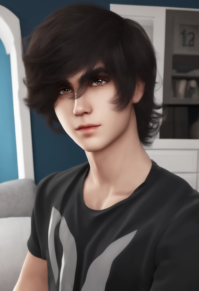branco de rosto fino olhos castanhos cabelo preto idade de 12 ano em um quarto de fundo sobre games roblox