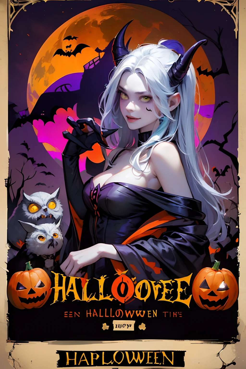 ((top-quality, masutepiece, Top image quality, 8K)), ((Perfect body, Beautiful face, Realistic mid-bust, Big ass)), (((Colorful color illustrations, Cinematic poster , The illustration has large letters "HAPPY HALLOWEEN":1.3))), Against the background of monsters and cute ghosts, There are : Vampire, Frankenstein's, mummy, Jack-o'-lantern, White Ghost, skeletal, a wizard, ghoul , Kobold, knight, zombie, owl, devil, Werewolf, And the Grim Reaper. They are happily gathered, Backlight,