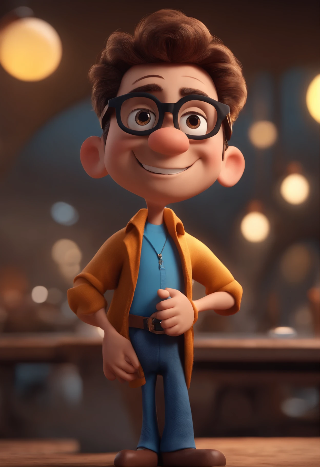 Cartoon character of a man with black glasses and a blue shirt, animation character, Caractere estilizado, animation style rendering, 3D estilizado, Arnold Maya render, 3 d render stylized, toon render keyshot, Personagem 3D, Personagem 3D, 3d rendering stylized, 3 d character render, personagem de desenho animado, Personagem de close up, Pose de personagem, (Estilo Pixar) (master part:1.2) (Bokeh) (best quality) (pele detalhada) (textura detalhada) (8k) (argila) (Cinematic lighting) (foco nítido