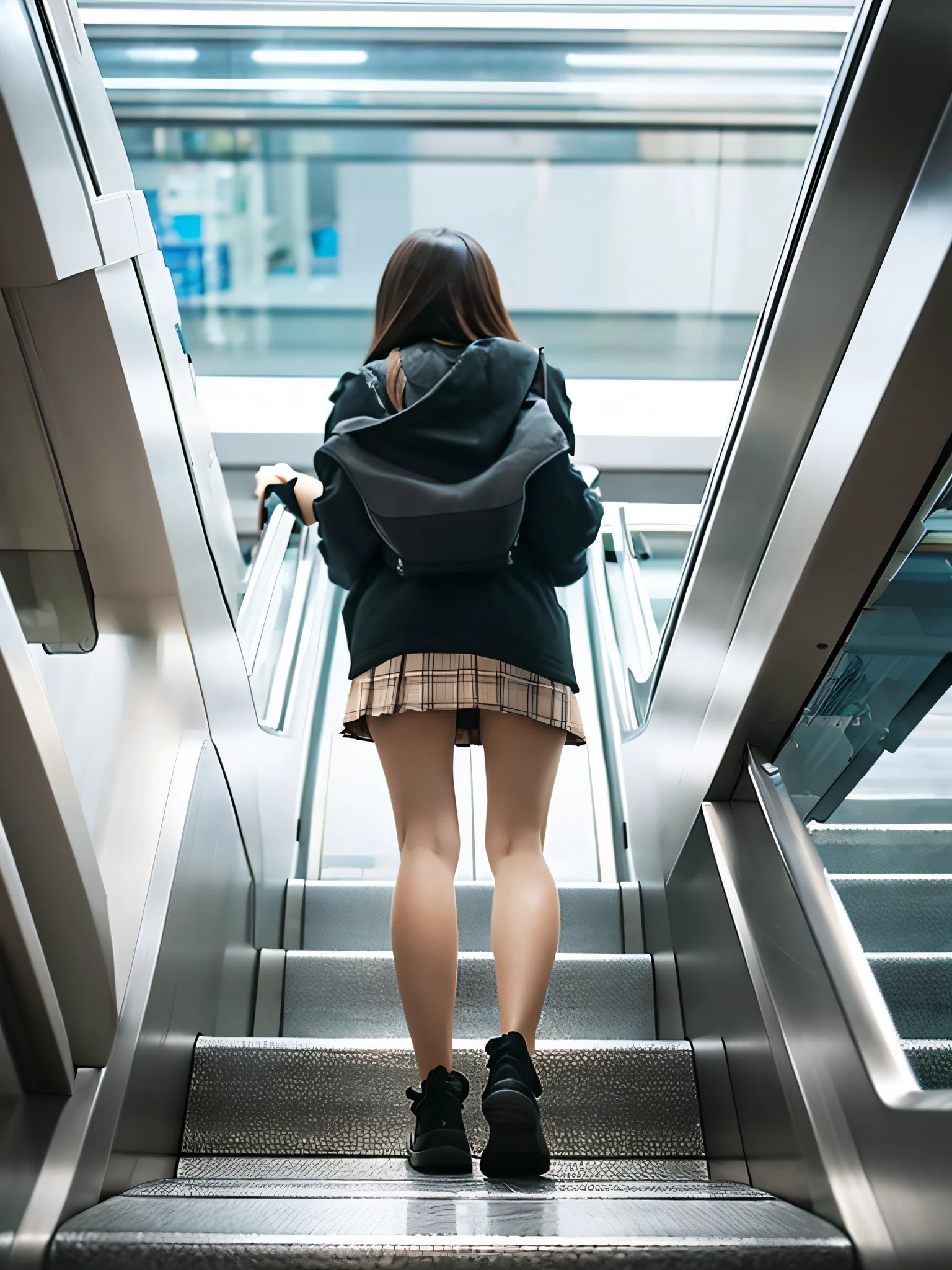 Up Escalator Skirt、short coat、bottom body close up、View from behind、Very low camera angle、Slouched、bent forward