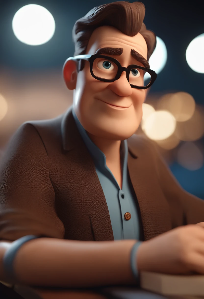 Cartoon character of a man with black glasses, cabelo cacheado marrom escuro e uma camisa azul, animation character, Caractere estilizado, animation style rendering, 3D estilizado, Arnold Maya render, 3 d render stylized, toon render keyshot, Personagem 3D, Personagem 3D, 3d rendering stylized, 3 d character render, personagem de desenho animado, Personagem de close up, Pose de personagem,  (Estilo Pixar) (master part:1.2) (Bokeh) (best quality) (pele detalhada) (textura detalhada) (8k) (argila) (Cinematic lighting) (foco nítido