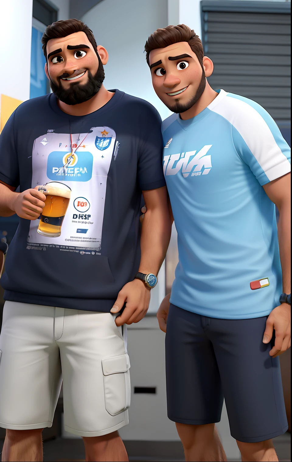 Dois homens conversando no podcast, sobre futebol e bebendo cerveja. Disney Pixar poster style in high resolution