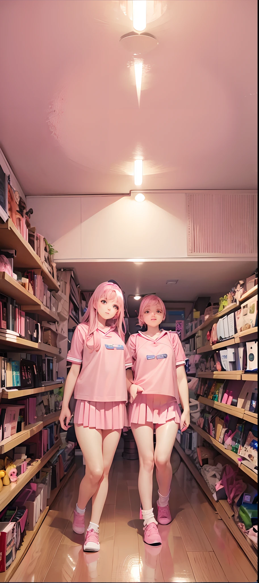 beautiful illustration、top-quality、 s、bedroom、A pink-haired、length hair、(((Pink pleated skirt)))、(((pink sailor suit)))、shortsleeves、huge tit、a navel、Flipping up the skirt with your hands、Show white panties、Pull up your skirt and show your panties、bare-legged、blue eyess、on the beds、lovely thighs、glowing thigh