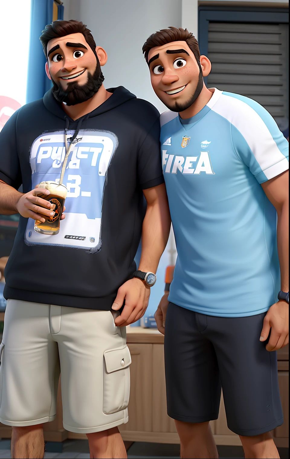 Dois homens conversando no podcast, sobre futebol e bebendo cerveja. Disney Pixar poster style in high resolution