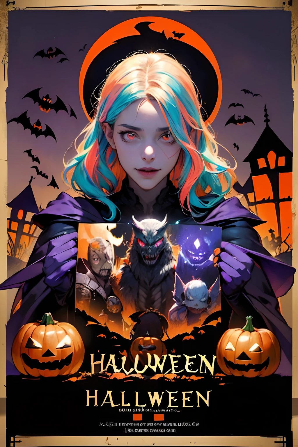 ((top-quality, masutepiece, Top image quality, 8K)), ((Perfect body, Beautiful face, Realistic mid-bust, Big ass)), (((Colorful color illustrations, Cinematic poster , The illustration has large letters "HAPPY HALLOWEEN":1.3))), Against the background of monsters and cute ghosts, There are : Vampire, Frankenstein's, mummy, Jack-o'-lantern, White Ghost, skeletal, a wizard, ghoul , Kobold, knight, zombie, owl, devil, Werewolf, And the Grim Reaper. They are happily gathered, Backlight,