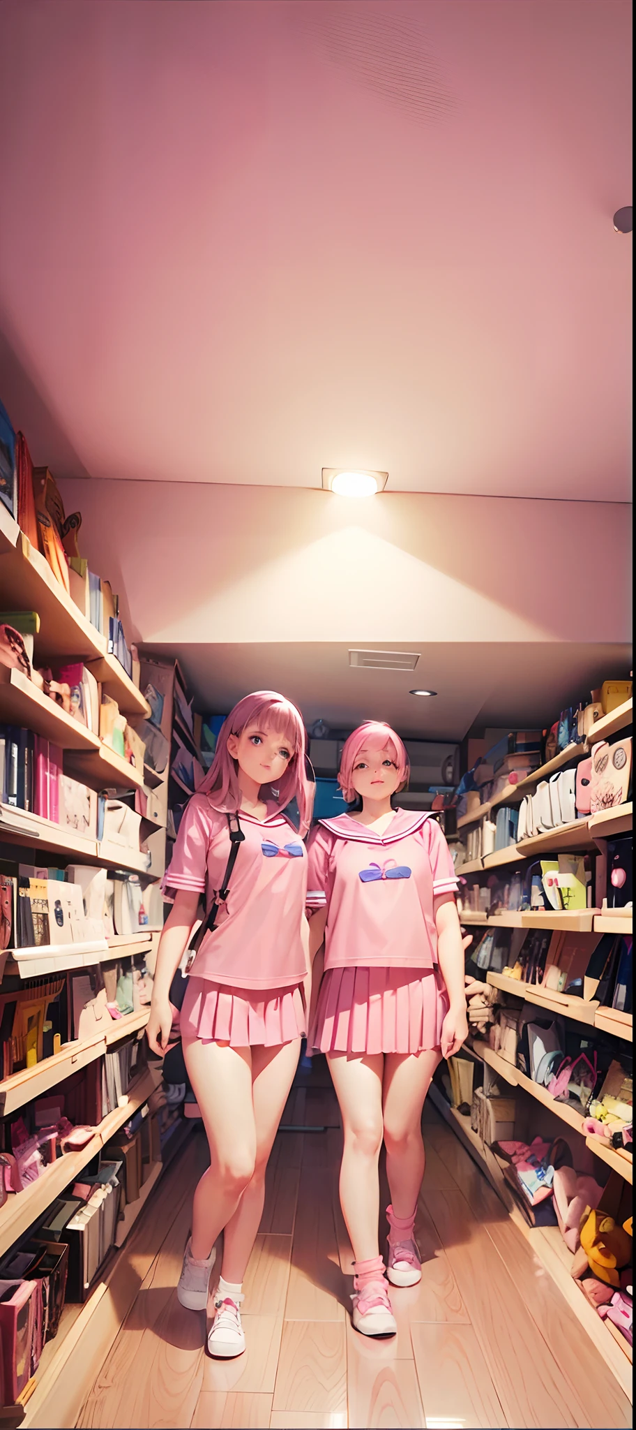 beautiful illustration、top-quality、Cute s、bedroom、A pink-haired、length hair、(((Pink pleated skirt)))、(((pink sailor suit)))、shortsleeves、huge tit、a navel、Flipping up the skirt with your hands、Show white panties、Pull up your skirt and show your panties、bare-legged、blue eyess、on the beds、lovely thighs、glowing thigh