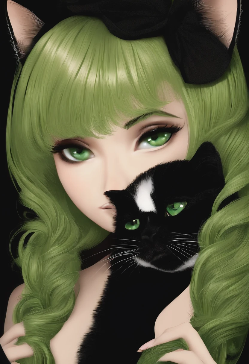 menina loira segurando um gato preto de olhos verdes felizes