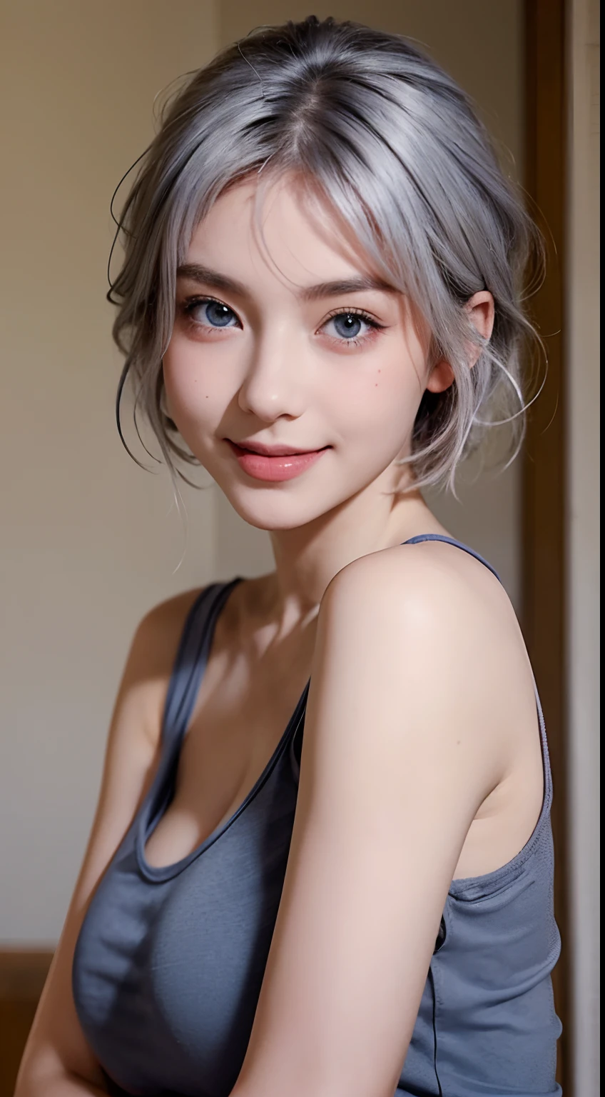 A sexy beautiful student girl,, big breasts, grey hair colours, short hair tied up, upper body, smile, blush, beauty spot on cheek, blue eyes like a vampire, sexy red tank top