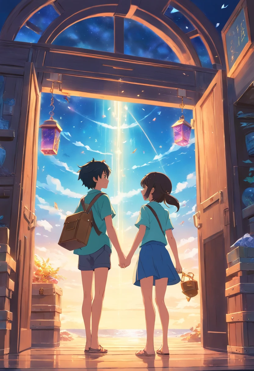 two people、The boy and the girl found a treasure chest, And when you open, A magical portal appeared in front of the boy and girl