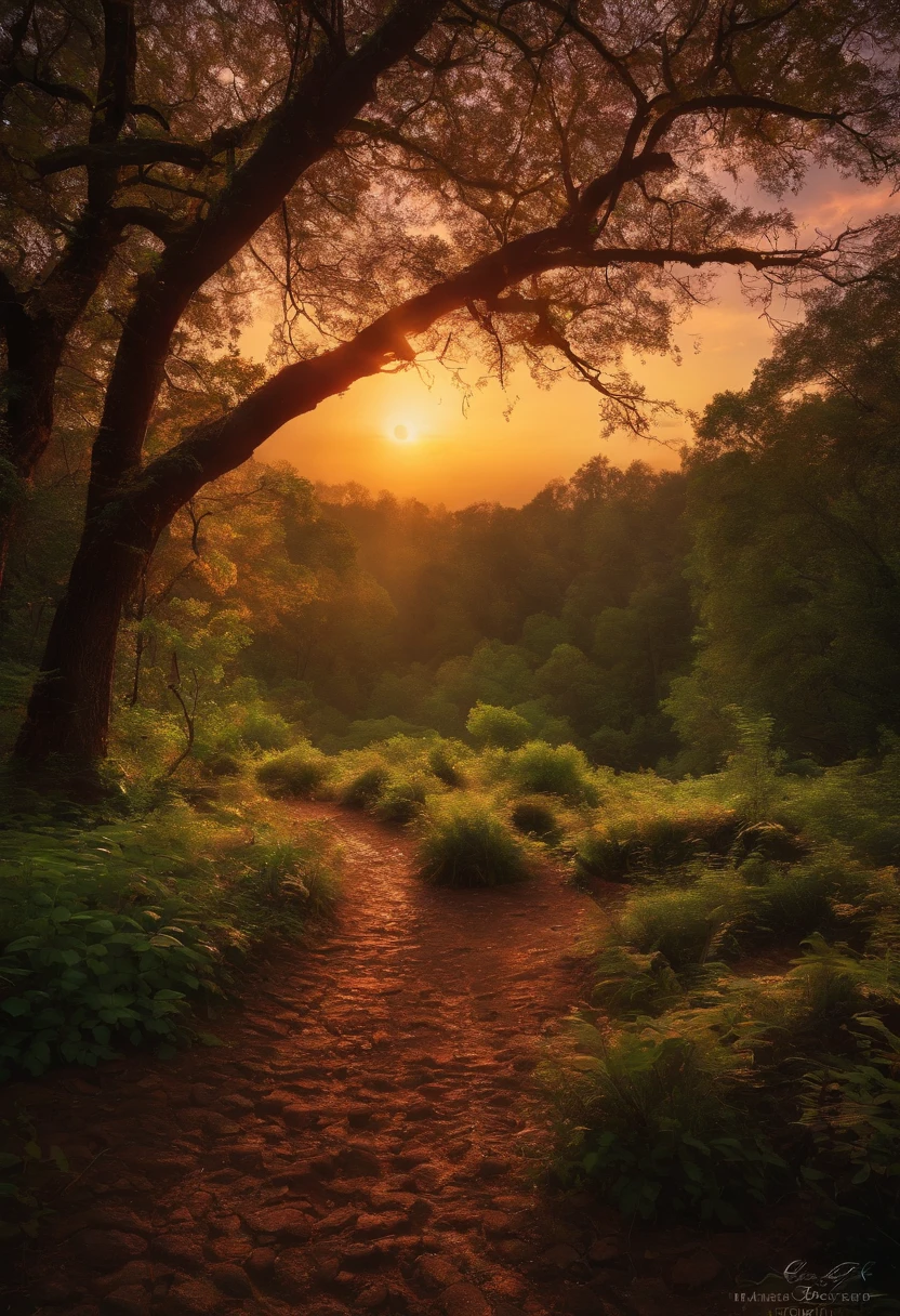 A forest, sunset, rain