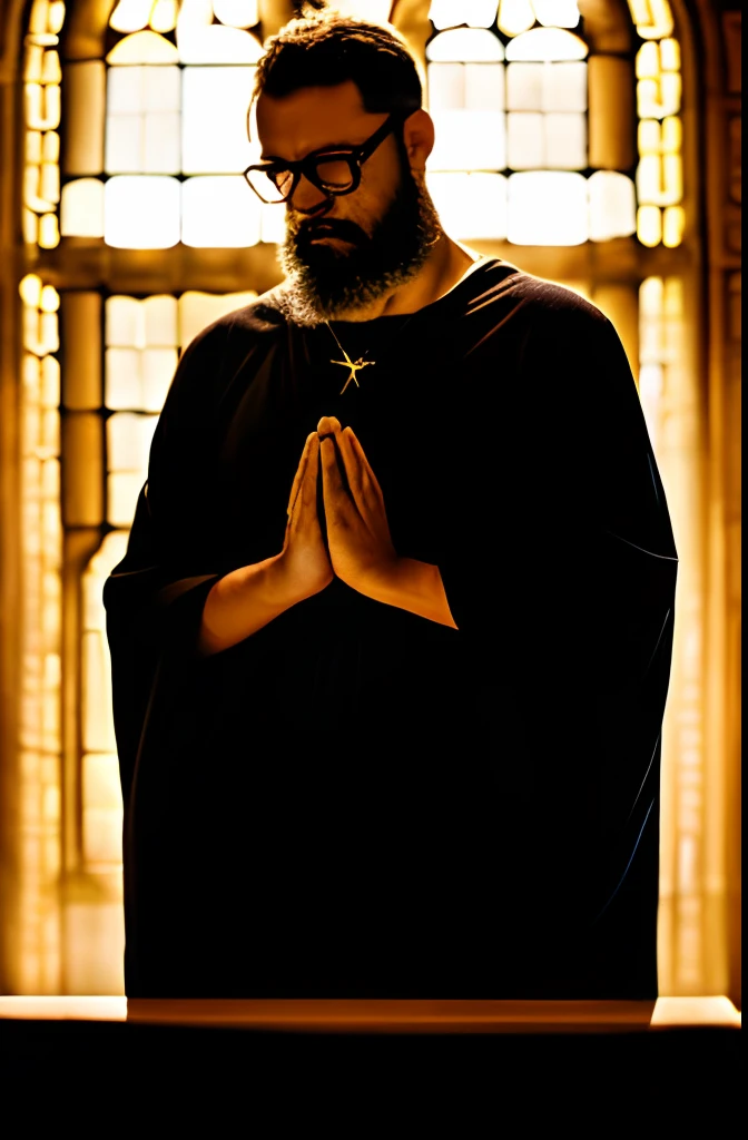 Create a half-body frontal portrait of a man with glasses and a lumberjack-style beard, with his (((hands in prayer close to his chest))). He will be dressed in a black robe in the style of Jesus. The background will be a blurred image of a Gothic church. Depict this man as a saint, surrounded by a luminous aura around his body, with low-key chiaroscuro lighting.