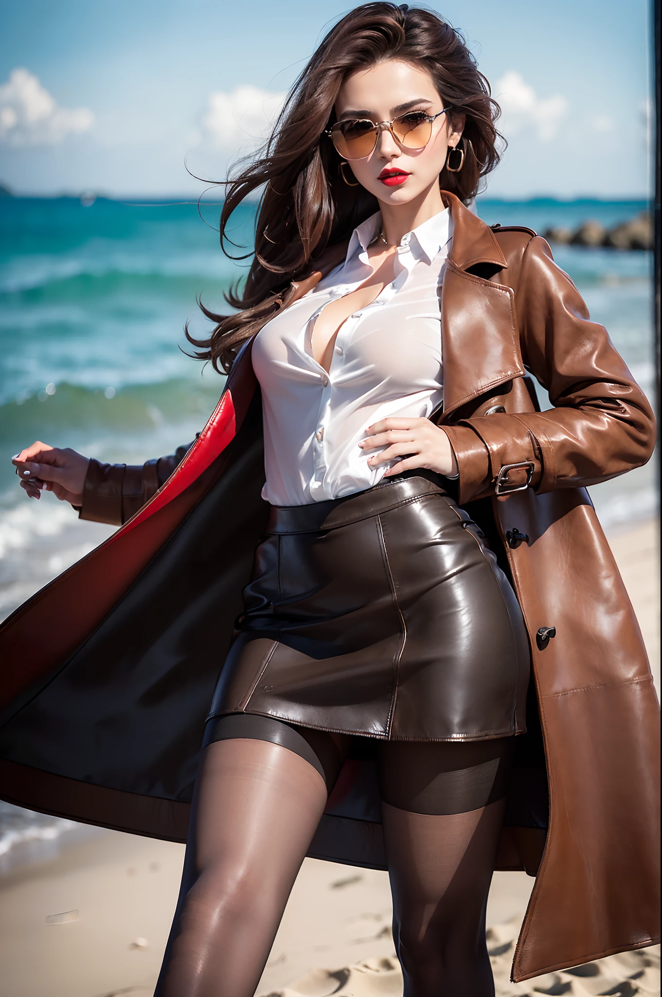 ((masterpiece)), ((8k resolution)), ((a  female )), (((4k))), ((((highly detailed)))),  (((super sharp))) , (pantyhose) , (long heels) , (black leather skirt) ,((( long brown coat))), brunette hair, (red lipstick), beautiful,(( white shirt)), posing, american, (small breasts),  perfect, on beach