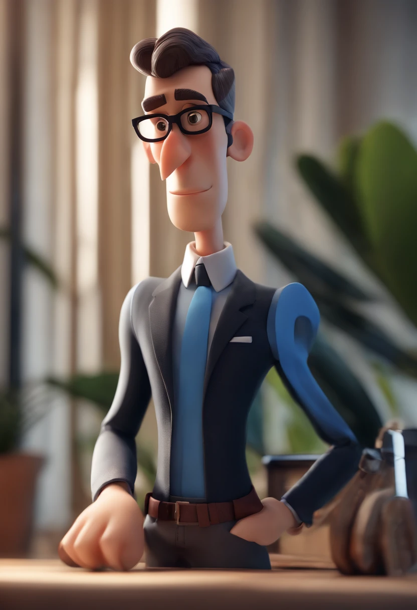 Cartoon character of a man wearing black glasses and a blue shirt, um personagem animado, Caractere estilizado, animation style rendering, 3D estilizado, Arnold Maya render, 3 d render stylized, toon render keyshot, Personagem 3D, Personagem 3D, 3d rendering stylized, 3 d character render, personagem de desenho animado, Personagem de close up, Pose de personagem, (Estilo Pixar) (master part:1.2) (Bokeh) (best quality) (pele detalhada) (textura detalhada) (8k) (argila) (Cinematic lighting) (foco nítido,Senta e vaza a parte superior do corpo