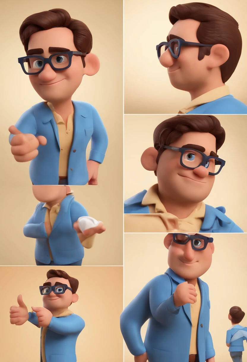 Cartoon character of a man wearing black glasses and a blue shirt, um personagem animado, Caractere estilizado, animation style rendering, 3D estilizado, Arnold Maya render, 3 d render stylized, toon render keyshot, Personagem 3D, Personagem 3D, 3d rendering stylized, 3 d character render, personagem de desenho animado, Personagem de close up, Pose de personagem, (Estilo Pixar) (master part:1.2) (Bokeh) (best quality) (pele detalhada) (textura detalhada) (8k) (argila) (Cinematic lighting) (foco nítido，Senta e vaza a parte superior do corpo