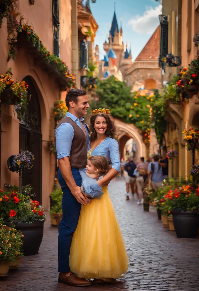 Um casal jovem e feliz, with striking features in the style of Pixar, walks hand in hand down Main Street, cercado por personagens da Disney que acenam e interagem com os visitantes. Ao fundo, o imponente Castelo da Cinderela brilha em um dia ensolarado. The name KadusTur is written on the man's blue T-shirt.