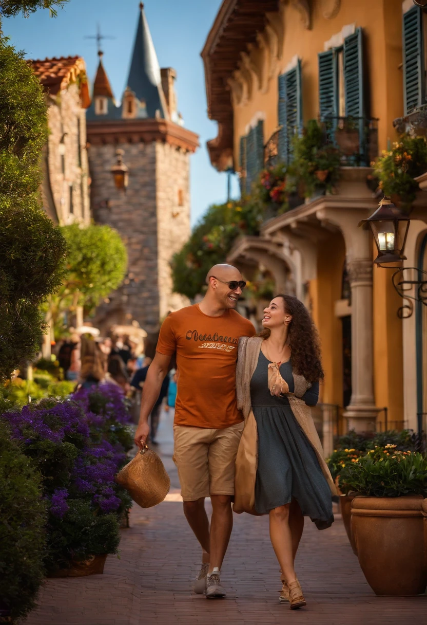 Um casal jovem e feliz, with striking features in the style of Pixar, walks hand in hand down Main Street, cercado por personagens da Disney que acenam e interagem com os visitantes. Ao fundo, o imponente Castelo da Cinderela brilha em um dia ensolarado. The name KadusTur is written on the man's blue T-shirt.