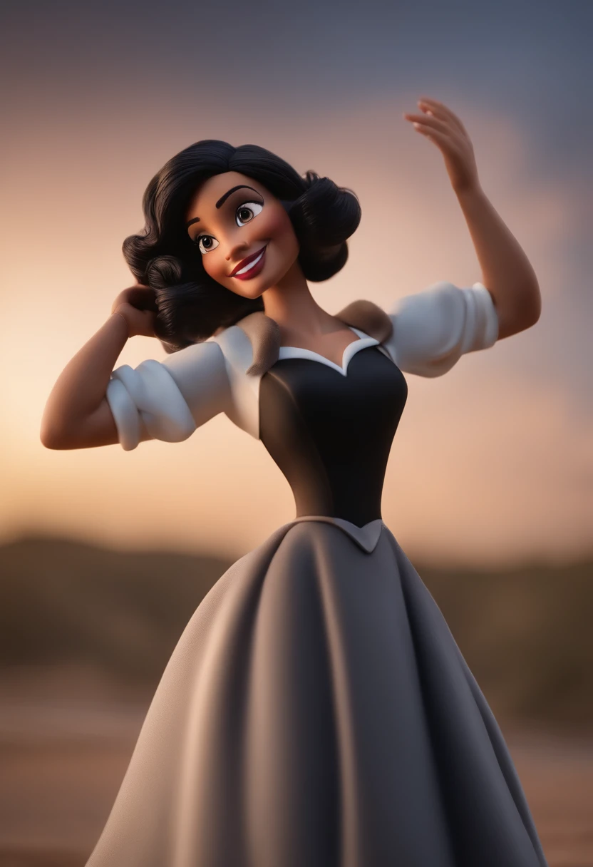 Mulher gordinha, estilo disney, tom de pele: morena clara:  Shoulder-length curly black hair . Vestido preto camisa: Fundo: Gray and white gradient,Comemorando, Hands raised, sorrindo, feliz, (estilo pixar) (obra-prima:1.2) (bokeh) (melhor qualidade) (pele detalhada) (textura detalhada) (8k) (claymation) (cinematic lighthing) (foco nítido