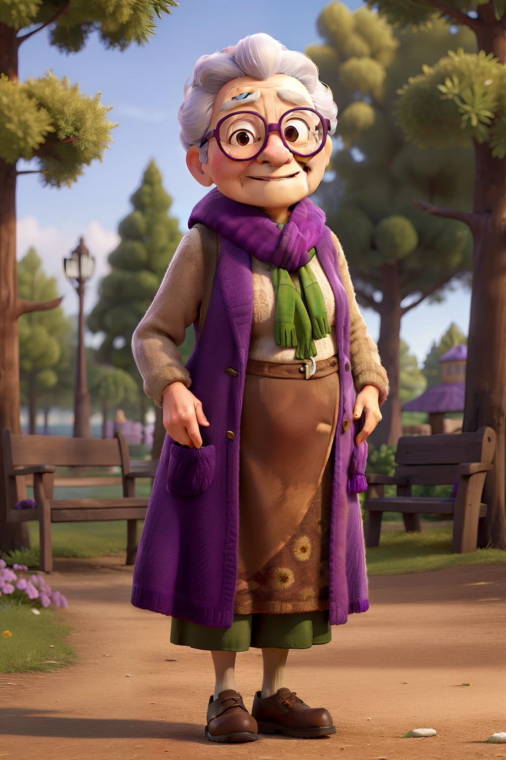 masterpiece, best quality, an old woman with glasses and a scarf on, wearing a purple coat and green scarf, standing at the park