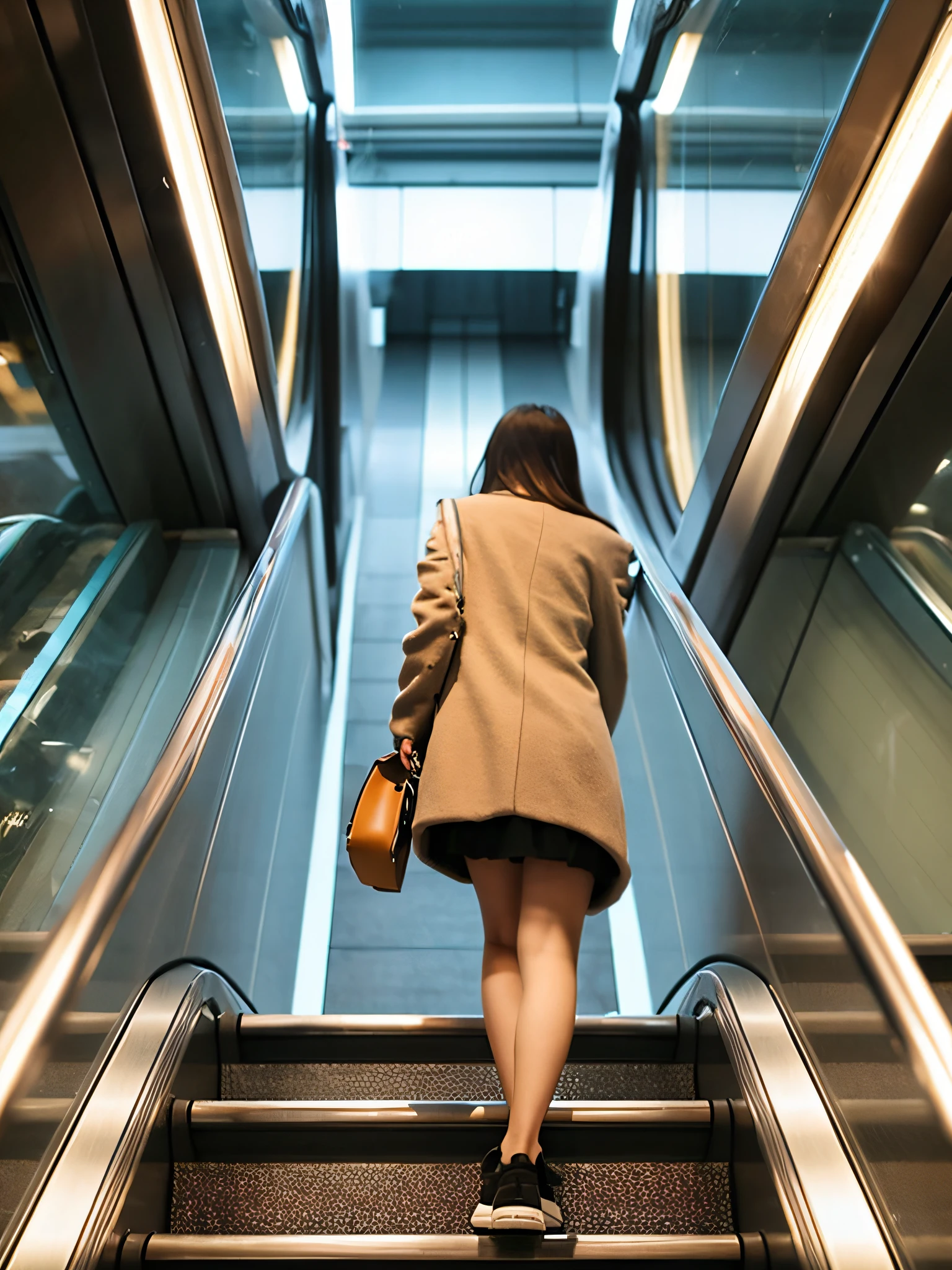Up Escalator Skirt、short coat、bottom body close up、View from behind、Very low camera angle、Slouched、bent forward
