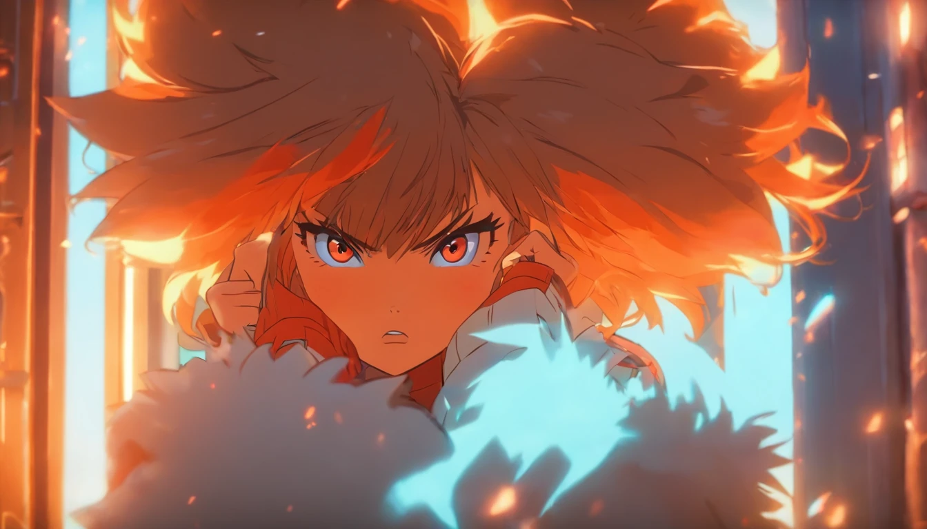 1 girl, orange hair and fox ear, red eye, wearing white crop top puffy jacket, stand front mirror , confused expression, dinamic lighting, dinamic effect, cinematic light, anime screenshot