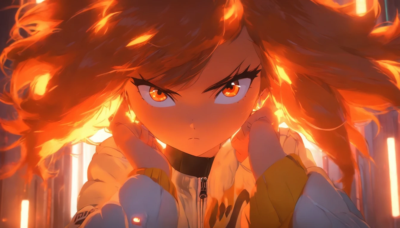 1 girl, orange hair and fox ear, red eye, wearing white crop top puffy jacket, stand front mirror , confused expression, dinamic lighting, dinamic effect, cinematic light, anime screenshot