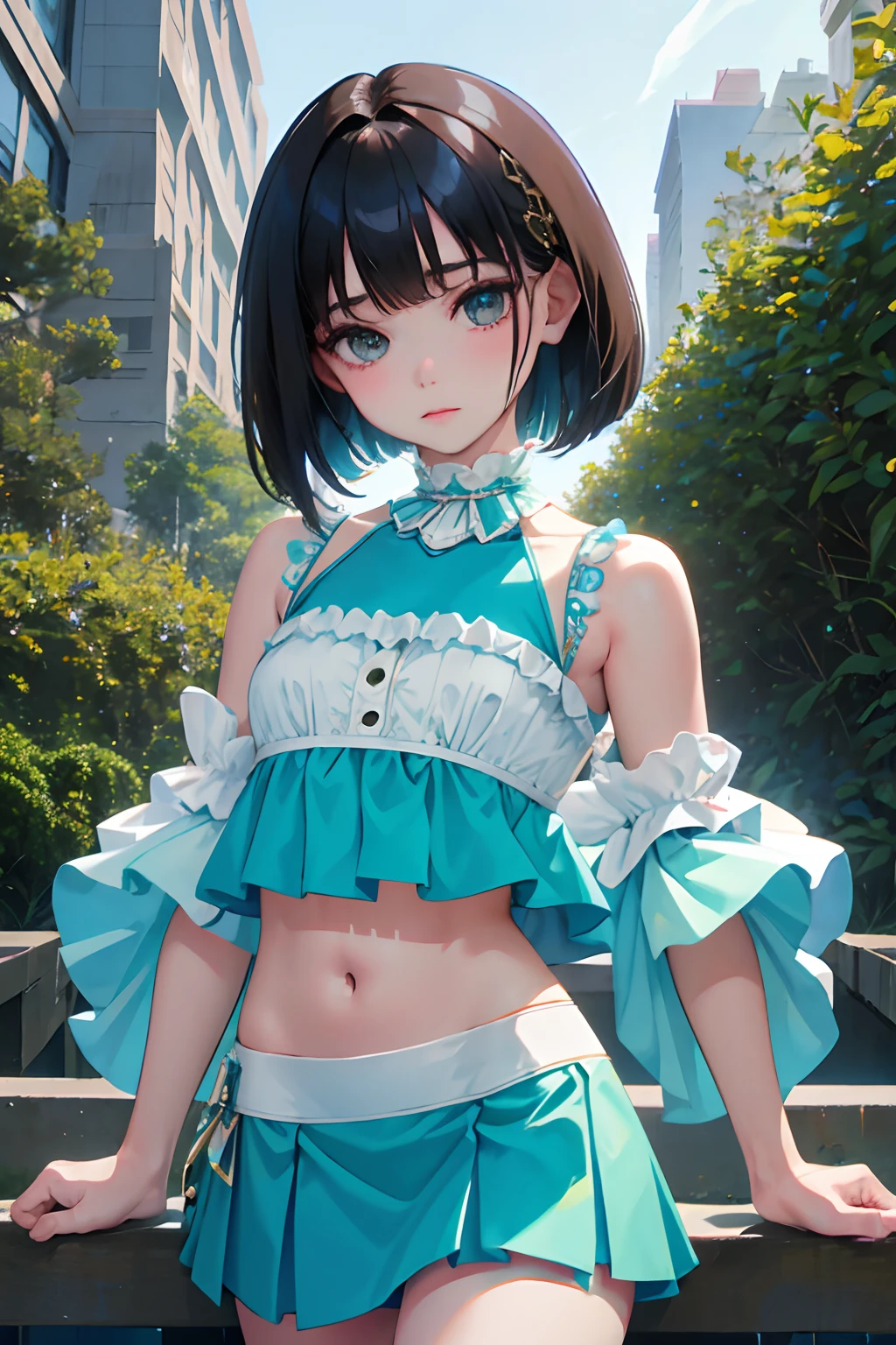 （​masterpiece，Highest Quality），(:1.3)，(Crop Top Look，skirt by the)，Turquoise Lolita Clothing，(A dark-haired，Medium bob)，embarrassed from，Delicate body，petite body，Shoulder