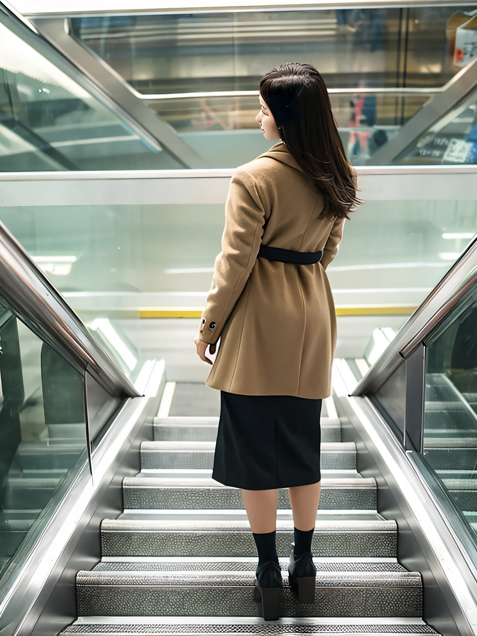 Up Escalator Skirt、short coat、bottom body close up、View from behind、Very low camera angle、Slouched、bent forward