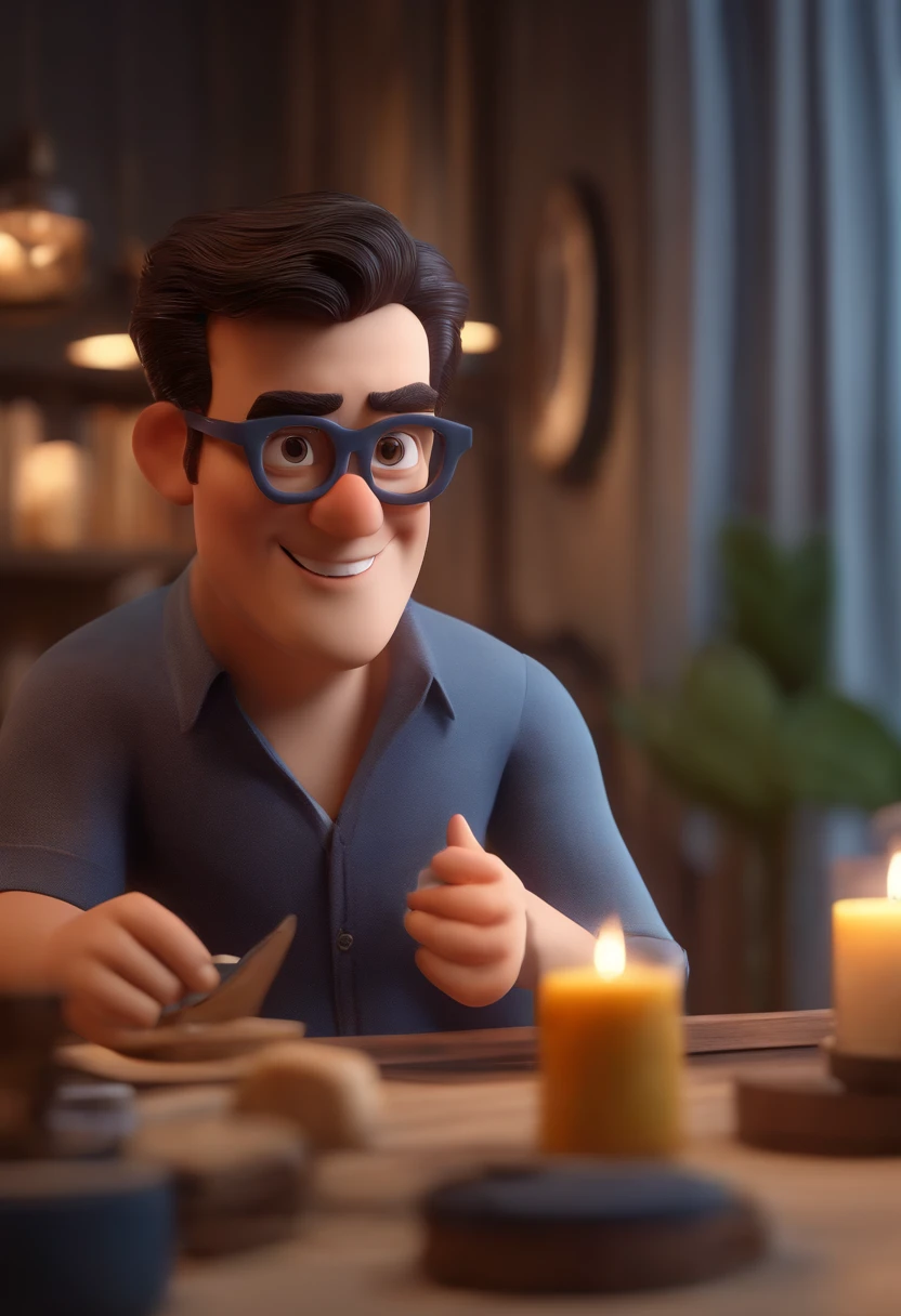 Cartoon character of a man wearing black glasses and a blue shirt, um personagem animado, Caractere estilizado, animation style rendering, 3D estilizado, Arnold Maya render, 3 d render stylized, toon render keyshot, Personagem 3D, Personagem 3D, 3d rendering stylized, 3 d character render, personagem de desenho animado, Personagem de close up, Pose de personagem, (Estilo Pixar) (master part:1.2) (Bokeh) (best quality) (pele detalhada) (textura detalhada) (8k) (argila) (Cinematic lighting) (foco nítido,Senta e vaza a parte superior do corpo