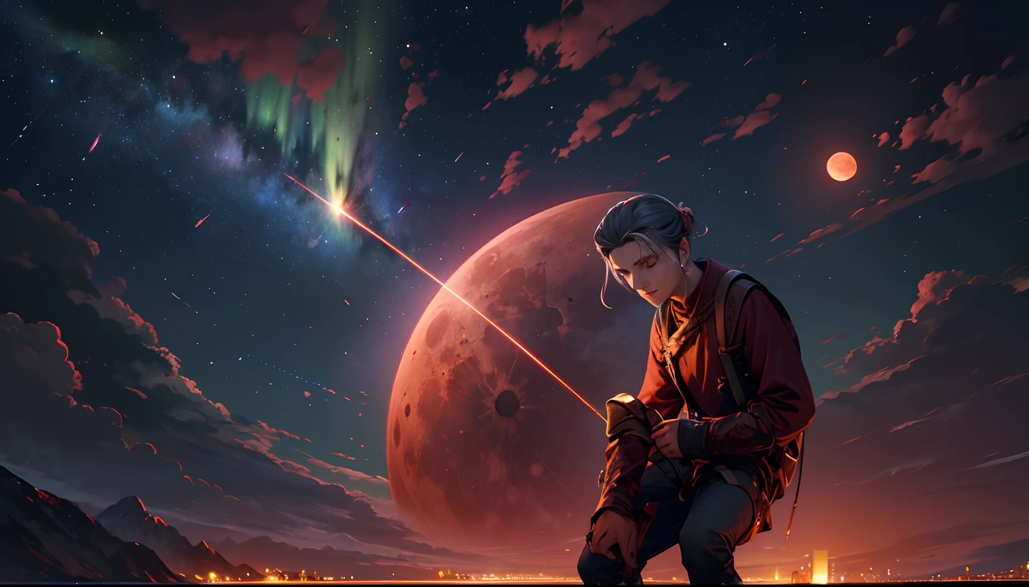 Blood Moon,Shooting stars dart across the sky,The stars are above the sky,Auroras pass through the clouds,middle parted hairstyle,Suspenders