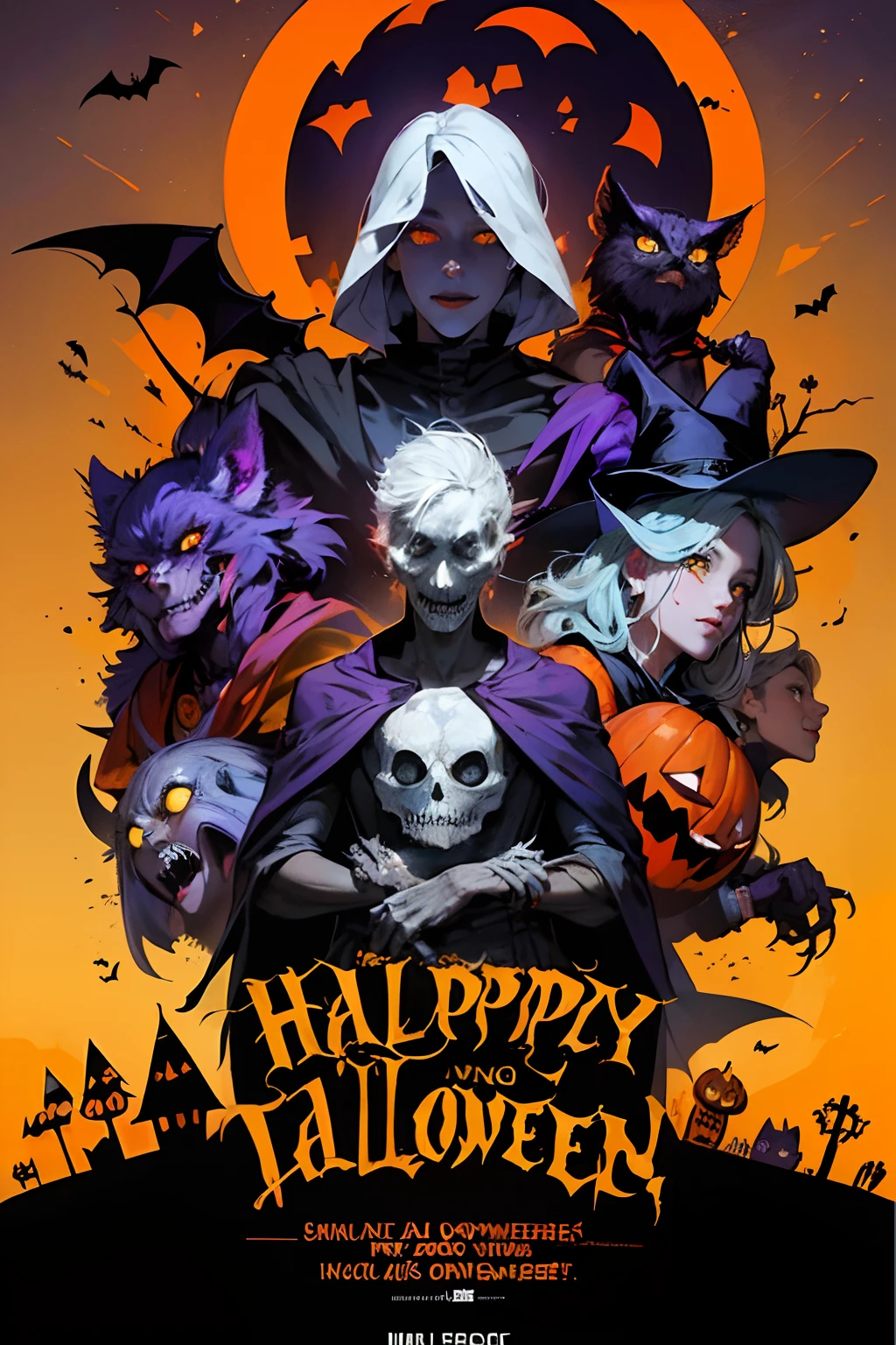 ((top-quality, masutepiece, Top image quality, 8K)), ((Perfect body, Beautiful face, Realistic mid-bust, Big ass)), (((Colorful color illustrations, Cinematic poster , The illustration has large letters "HAPPY HALLOWEEN":1.3))), Against the background of monsters and cute ghosts, There are : Vampire, Frankenstein's, mummy, Jack-o'-lantern, White Ghost, skeletal, a wizard, ghoul , Kobold, knight, zombie, owl, devil, Werewolf, And the Grim Reaper. They are happily gathered, Backlight,